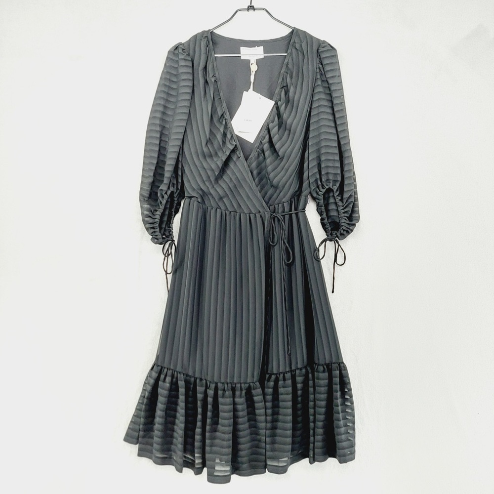 NEW Designers Remix Black Pleated Wrap Corinne Ruffle Midi Dress P1279